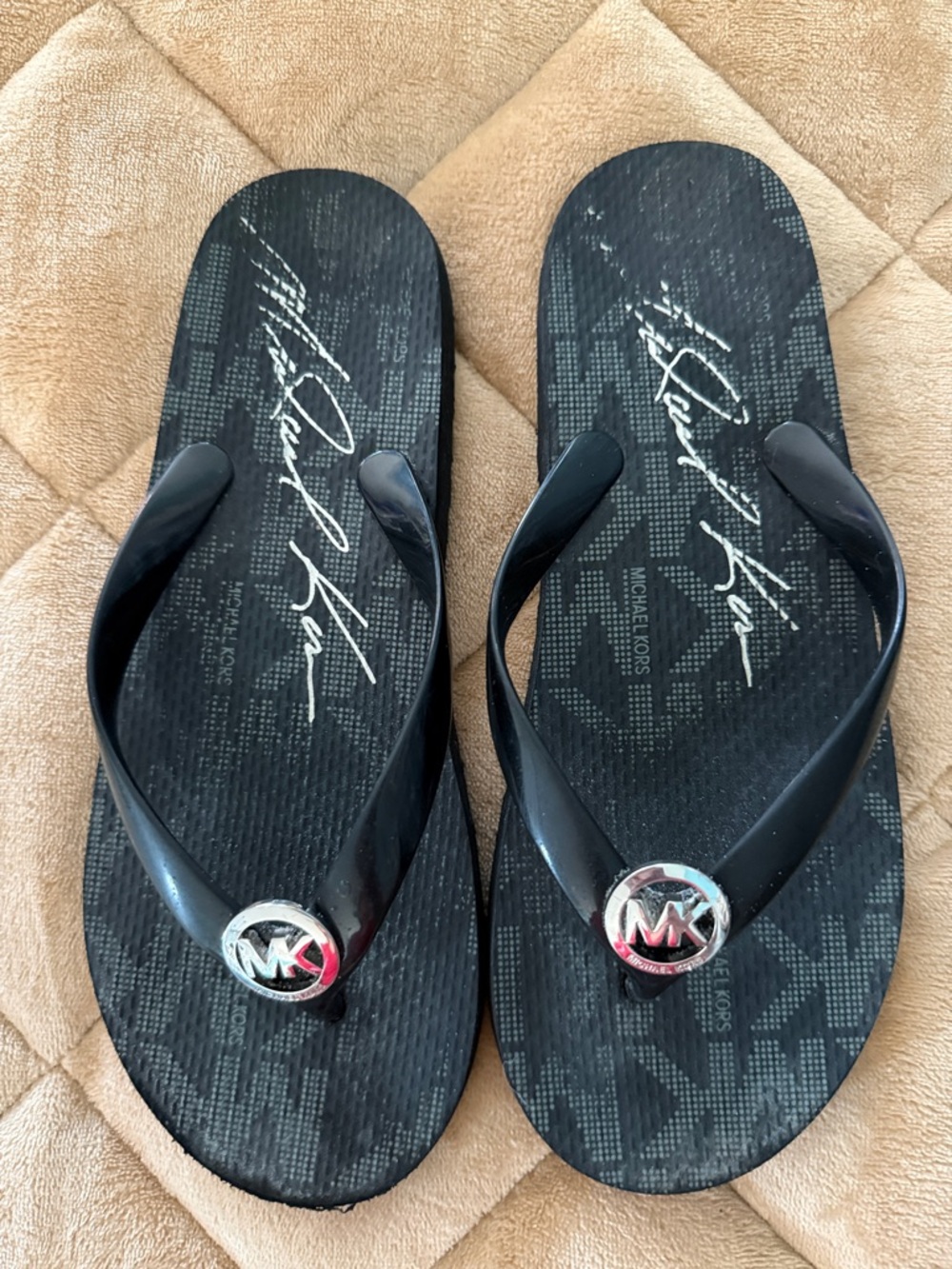 Michael Kors Black Logo Medallion Women's Flip Flop Sandals